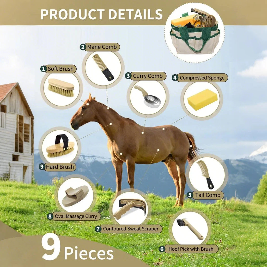 Professional 10 Pieces Horse Grooming Kit with Tote Bag, Set for Effective Grooming and Bathing, Horse Gifts for Girls