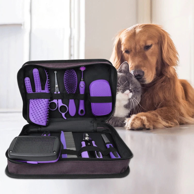 9 in 1 Pet Grooming Kit Hair Removal Comb Dog Gloves Shampoo Brush Nail Clippers Toothbrush Set for Dogs Cats Grooming Supplies